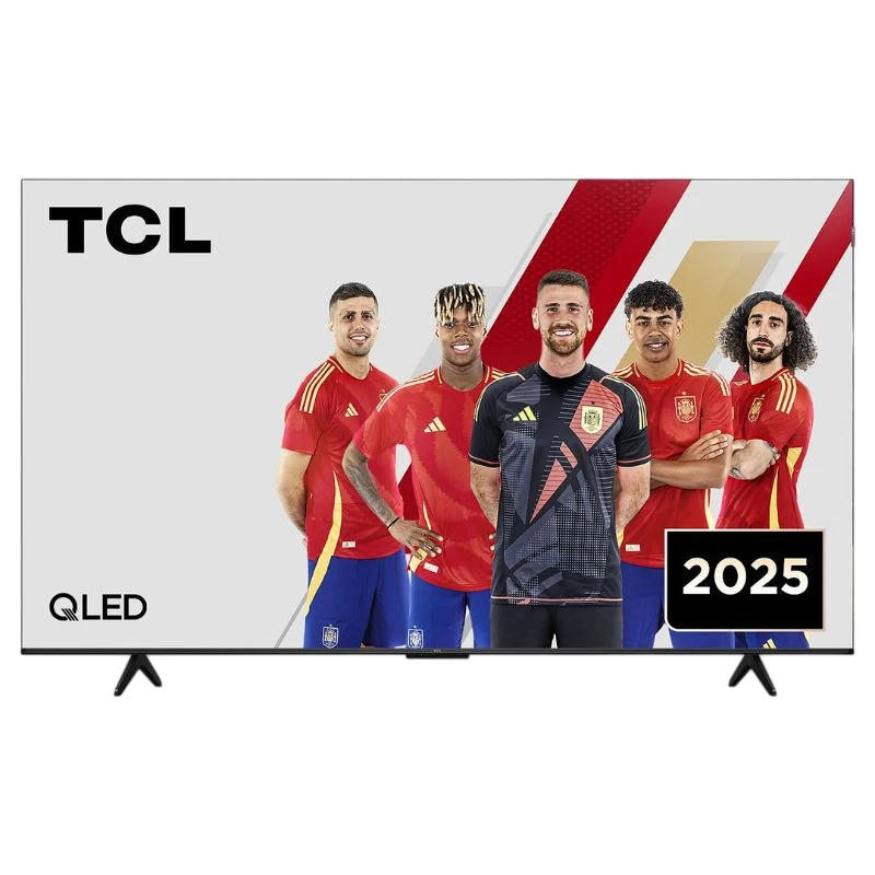 TCL 50P7K 50" QLED 4K UHD negro con biseles delgados, peana doble en V y pantalla amplia; interfaz Smart TV destacada en la esquina con año 2025.