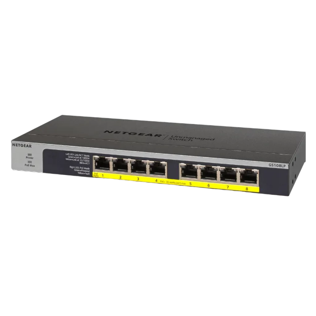 NETGEAR GS108LP switch no gestionado con 8 puertos Gigabit frontales, carcasa metálica gris y negra, indicadores LED por puerto y diseño compacto