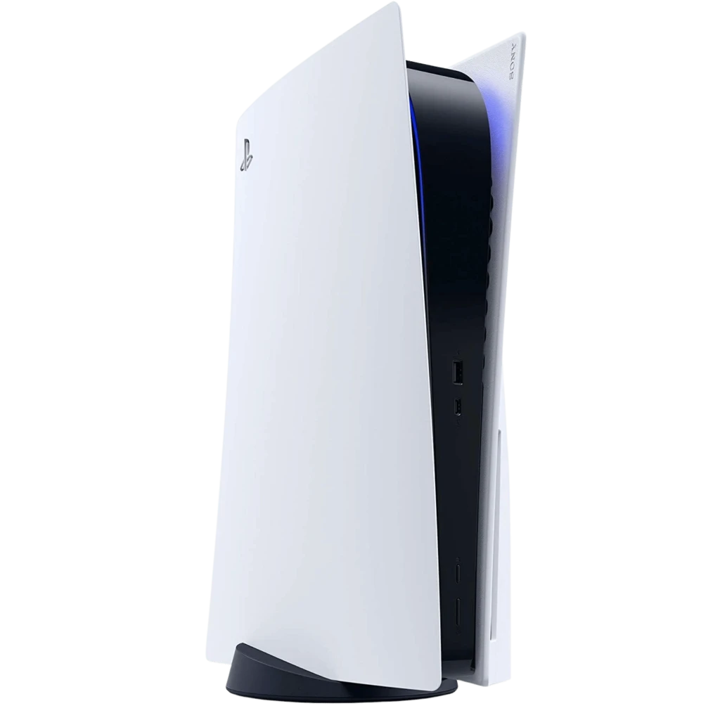 Consola PS5 estándar blanca renovada, 825GB, con unidad de discos, diseño vertical curvo, luz LED azul y puertos frontales USB en chasis bicolor
