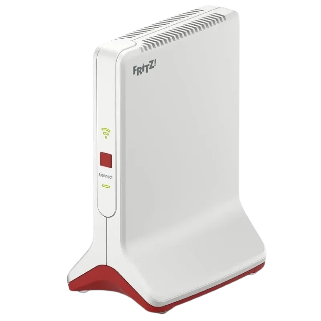Frontal del repetidor FRITZ!Repeater 6000, diseño de torre en blanco y rojo