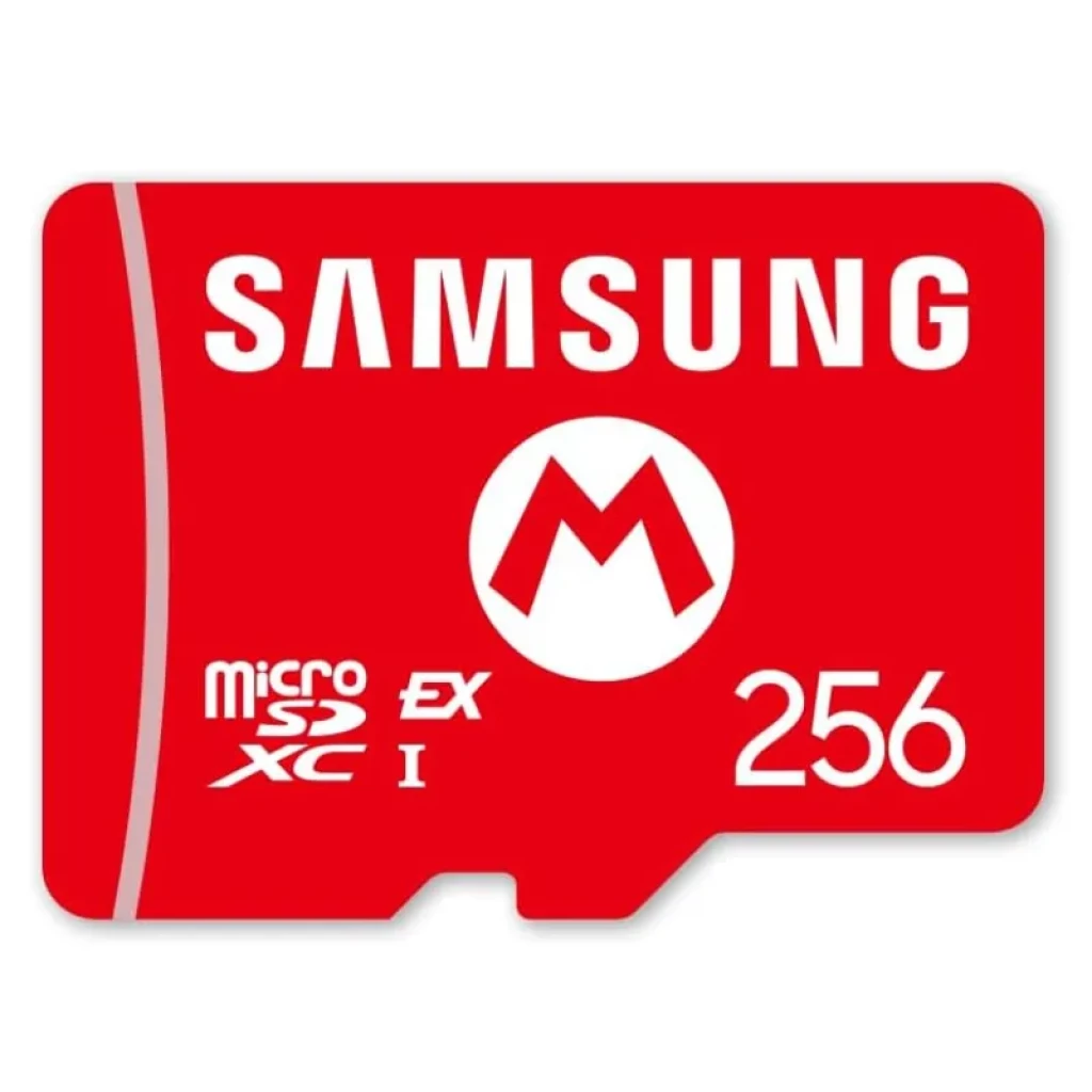 Tarjeta microSDXC Samsung roja con logo M de Nintendo, 256 GB, clase UHS I, diseño EX. Compatible con Nintendo Switch 2
