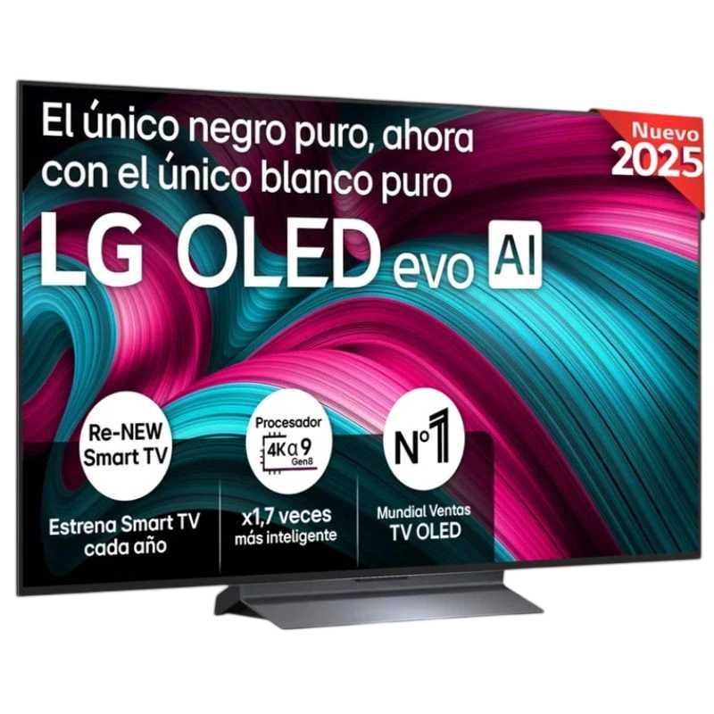 LG OLED55C54LA 55 pulgadas 4K UHD OLED negro con panel ultrafino, biseles mínimos y base central; pantalla vibrante con texto promocional y logos AI evo