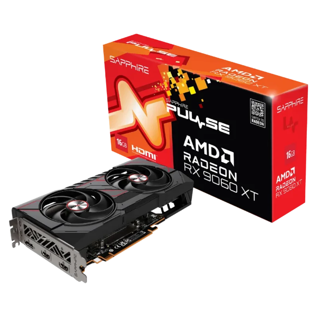 Sapphire PULSE AMD Radeon RX 9060 XT con 16GB GDDR6, dos ventiladores negros con aros rojos, backplate metálico y puertos HDMI y DisplayPort