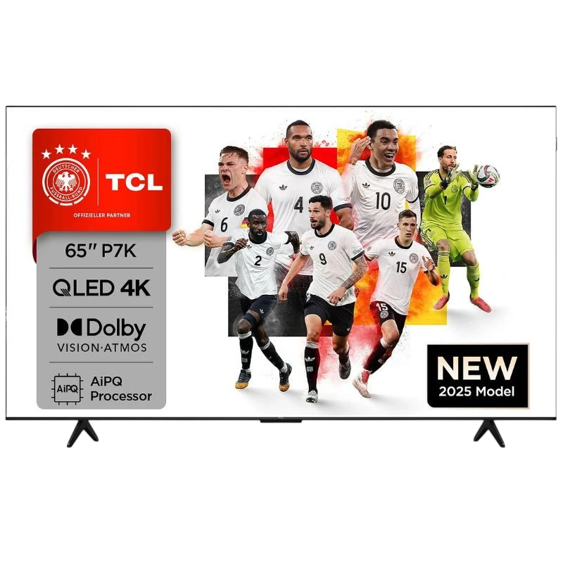 TCL 65P7K 65" 4K UHD Smart TV negro - Desprecintado con marcos finos, patas dobles y panel QLED; incluye sellos Dolby Vision/Atmos, AiPQ Processor y modelo 2025.