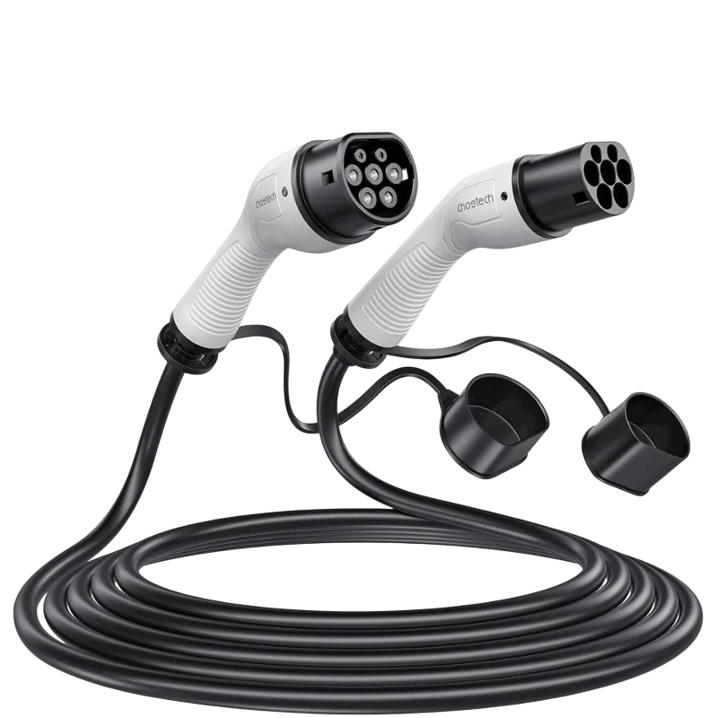 Cable cargador EV Choetech ACG12 tipo 2, monofásico 240V 32A 7kW, 5 m, conectores ergonómicos con tapas protectoras y cable negro resistente y flexible
