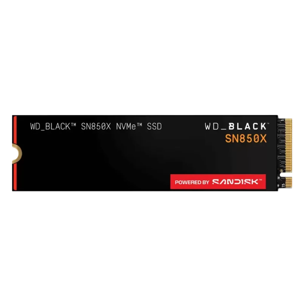 Módulo NVMe M.2 WD BLACK SN850X 2TB negro, etiqueta con logos WD_BLACK y SanDisk, conector dorado expuesto a la derecha