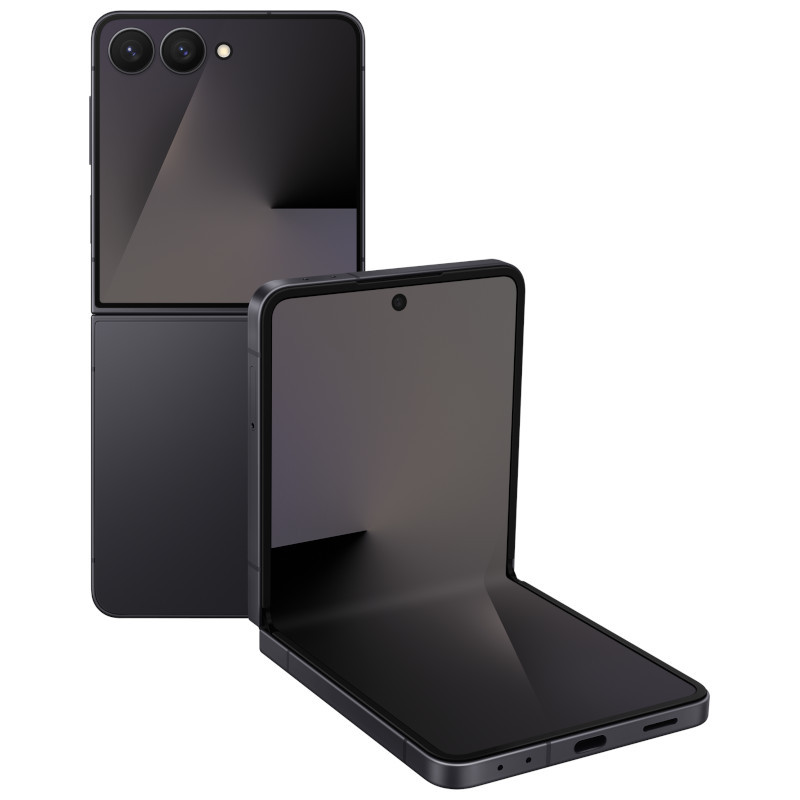 Samsung Galaxy Z Flip7 5G negro oscuro desprecintado con diseño plegable, doble cámara trasera, pantalla interna con perforación y puerto USB‑C
