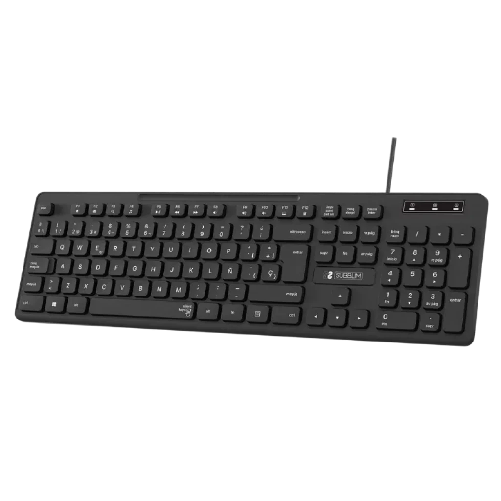 Teclado Subblim Business Slim Silencioso con cable USB, diseño ultrafino negro, teclas de membrana silenciosas, disposición completa con teclado numérico