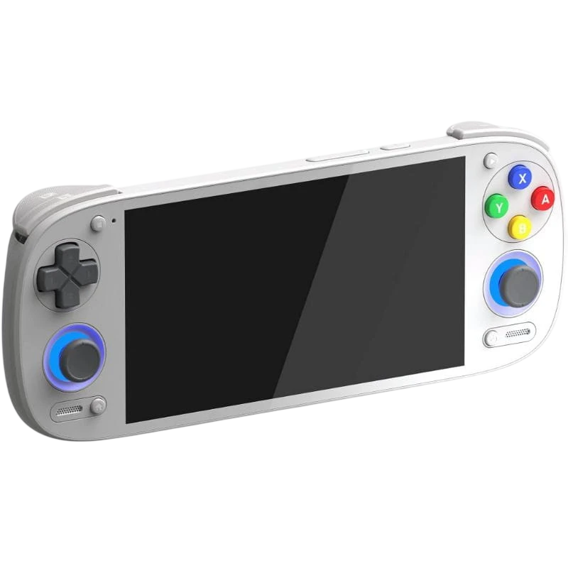Retroid Pocket 5 SD865 gris con pantalla AMOLED táctil, botones ABXY de colores, dos sticks analógicos iluminados y cruceta clásica en cuerpo compacto