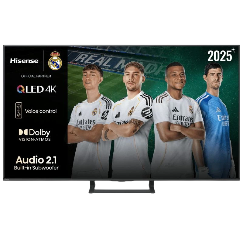 Hisense A7Q 50A7Q 50" 4K UHD QLED negro, bisel delgado, soporte central. Compatible Dolby Vision-Atmos, audio 2.1 con subwoofer, control por voz.