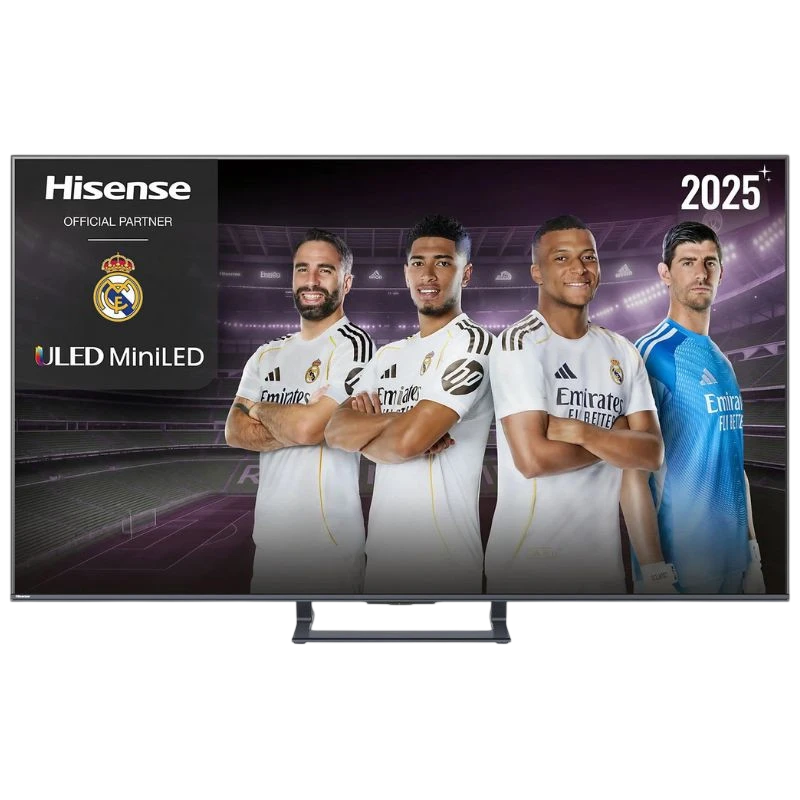 Hisense 65E8Q 65" 4K UHD LED Smart TV negro con pantalla sin bordes, peana central y panel ULED MiniLED; imagen vibrante y alto contraste.