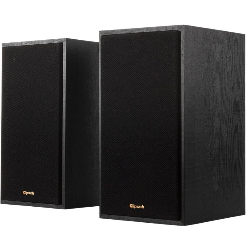 Par de altavoces Klipsch R-51M Reference 85 W en negro, diseño de estantería con rejilla frontal y acabado de madera texturizada elegante