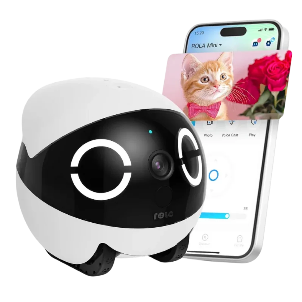 Enabot ROLA Mini 2K: robot compacto con cámara 2K, luces LED circulares, ruedas ocultas y control desde smartphone; ideal para vigilancia doméstica