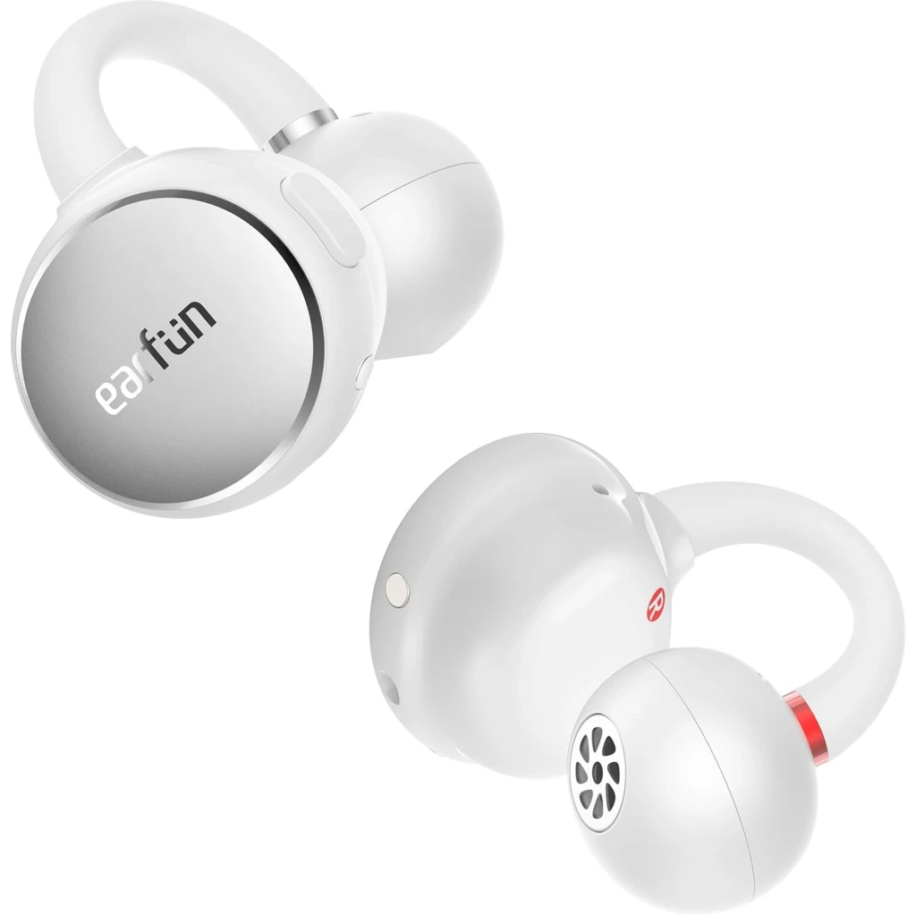 Earfun Clip Gris Blanco auriculares intrauditivos con diseño redondo, acabado gris y blanco, gancho ergonómico, rejilla de altavoz y detalle rojo en el