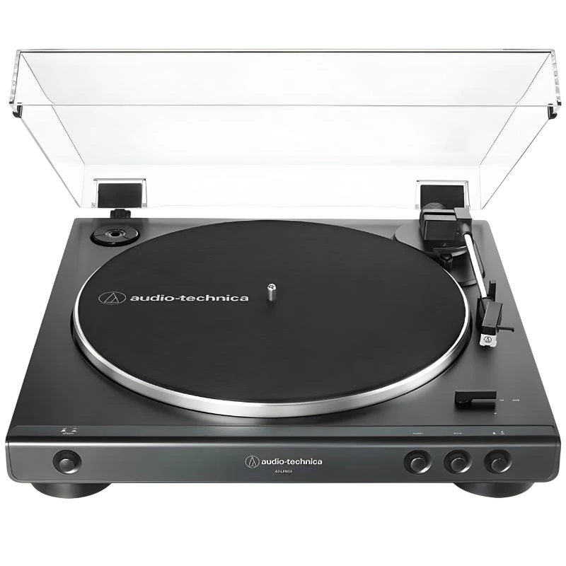 Audio Technica AT-LP60X — Tocadiscos automático negro con tapa transparente, plato circular, brazo recto y controles frontales de botones