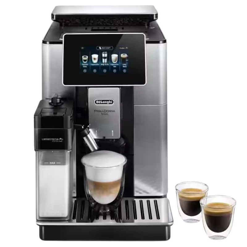 DeLonghi PrimaDonna Soul ECAM 610.55.SB en acero cepillado, pantalla táctil, espumador LatteCrema con jarra, doble salida de café y bandeja antigoteo