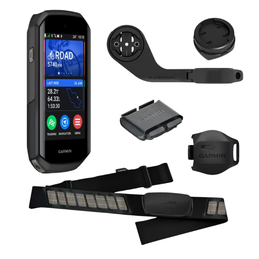 Garmin Edge 1050 Bundle ciclocomputador con pantalla a color y soporte; incluye correa cardiaca, sensor de cadencia, sensor de velocidad y adaptadores