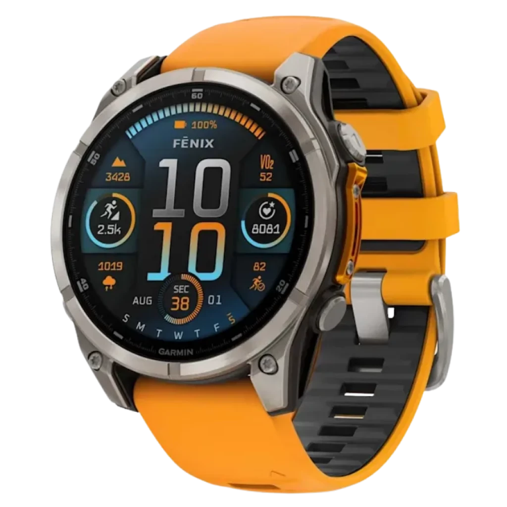 Garmin Fenix 8 AMOLED 47 mm, bisel de titanio zafiro, pantalla a color con métricas deportivas, botones metálicos y correa de silicona naranja