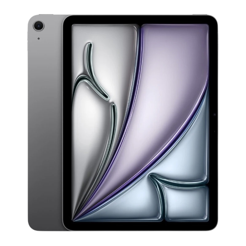 iPad Air 2025 13" gris, bordes delgados, cámara trasera única, pantalla amplia con marco negro y wallpaper abstracto; diseño delgado y moderno WiFi 8GB/128GB
