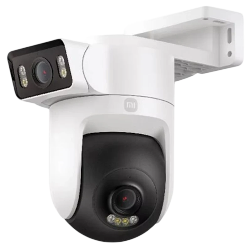 Cámara exterior blanca Xiaomi CW500 con doble módulo, lente giratoria, LEDs infrarrojos y soporte de pared; diseño robusto para vigilancia 2.5K y WiFi dual